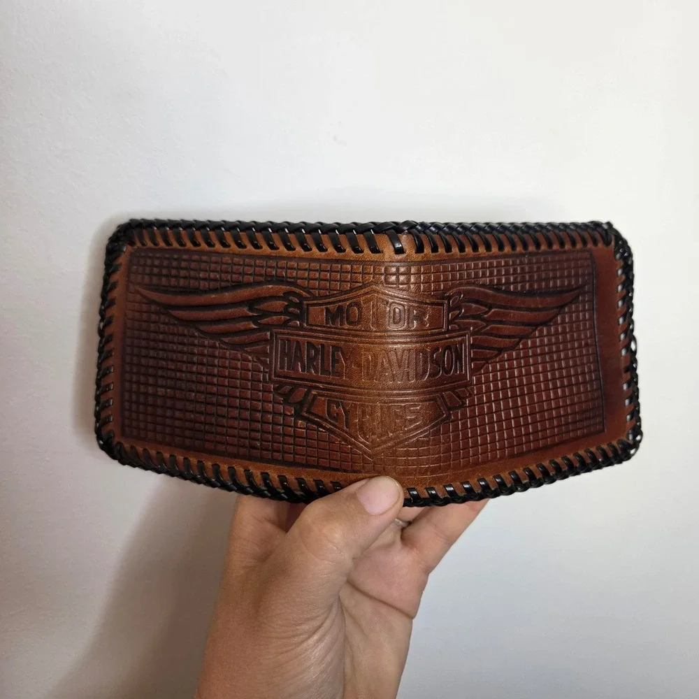 Harley Davidson Vintage Brown Leather Bifold Wallet Whipstitch Biker Winged Logo